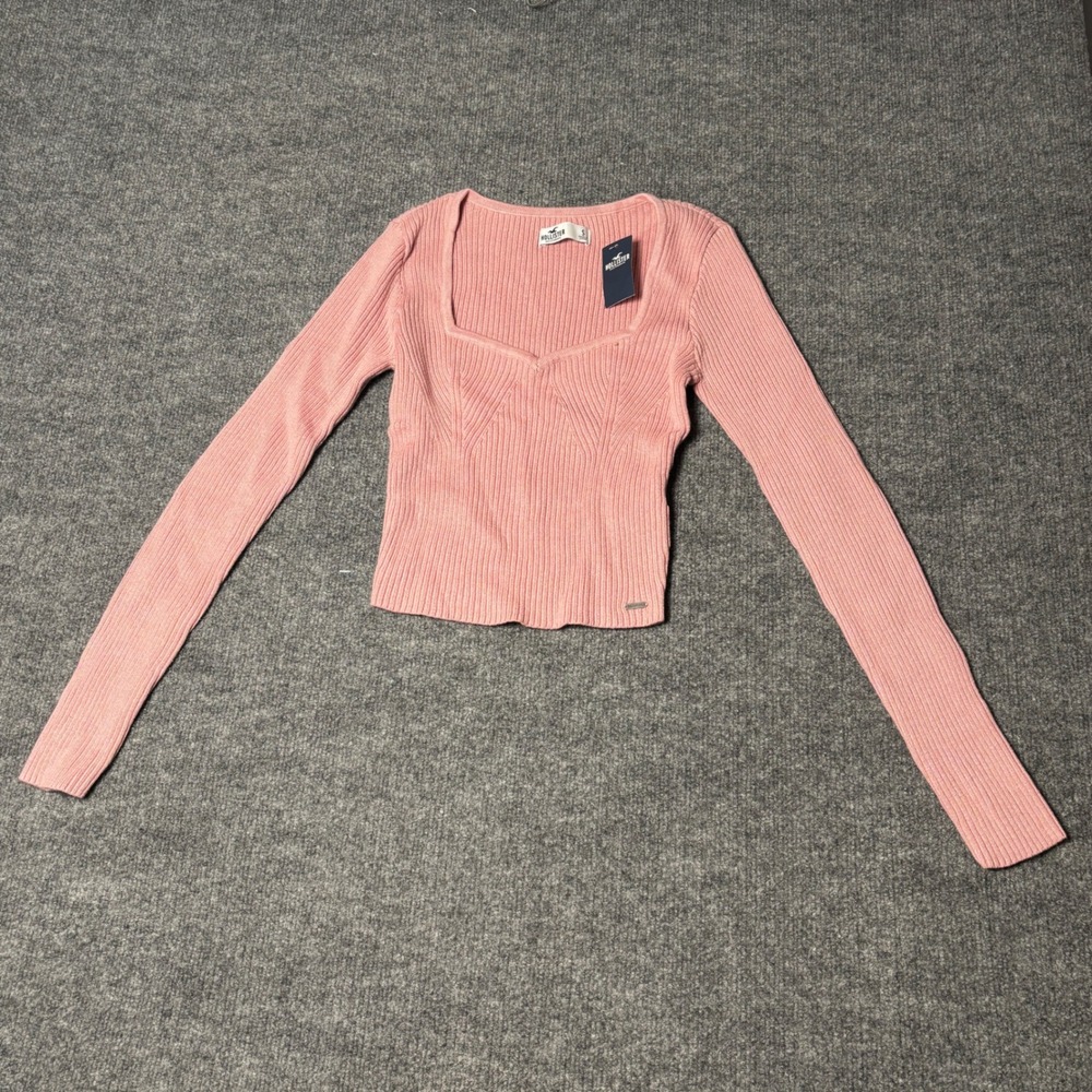 Hollister Womens Ribbed Sweetheart Neck Long Sleeve Top Pink Small NWT‎